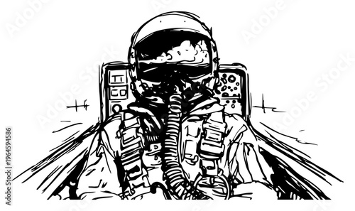Fighter pilot in cockpit wearing helmet and oxygen mask black and white sketch