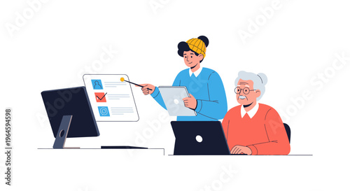 Digital Literacy and Senior Education: Young Instructor Teaching Older Woman How to Use Computer and Fill Online Forms