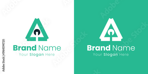 A green abstract logo showing a stylized house or upward arrow. brand identity logo design