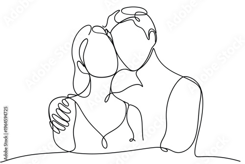 A minimalist one line drawing depicts a couple embracing tenderly