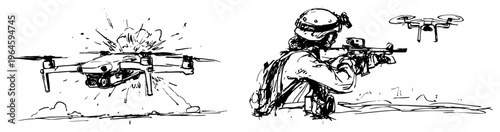 Soldier with rifle operating surveillance drone in hand drawn sketch style