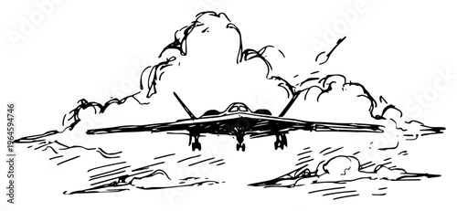 Stealth bomber jet flying through heavy clouds in hand drawn sketch style