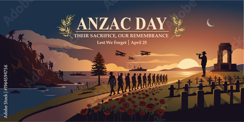 ANZAC Day Sunset Memorial Illustration with Soldiers Silhouette, Lest We Forget Tribute. ANZAC Day Remembrance Landscape with Soldiers, Poppies and War Memorial Scene