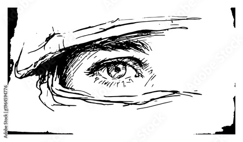 Close up of human eye looking through mask in hand drawn sketch style