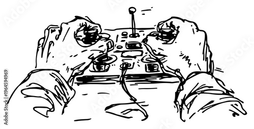 Hands operating a remote control unit with joysticks for a drone or robot in a hand drawn sketch style