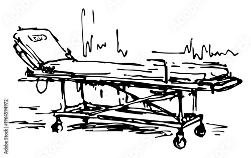 Empty medical gurney stretcher with a heart rate monitor line in a hand drawn sketch style
