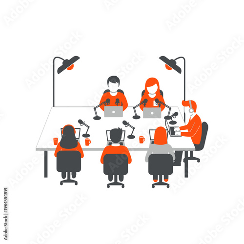 Six podcasters recording radio show in studio, sitting at large table with microphones.