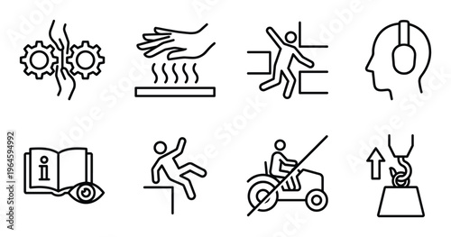 Industrial safety and hazard pictograms isolated on transparent background with labels