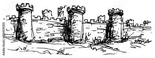 Medieval stone castle with towers and fortified walls in hand drawn sketch style