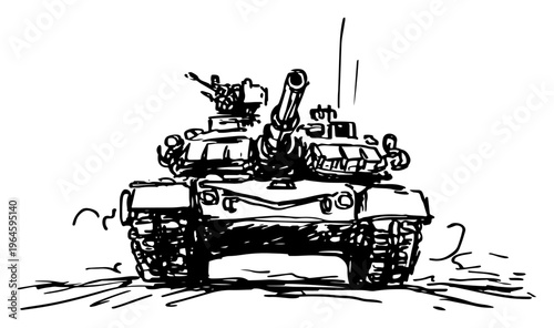 Military main battle tank front view with cannon in hand drawn sketch style