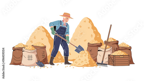 Farmer with the Harvest: A farmer is diligently managing the bountiful harvest, a testament to hard work and the fruits of labor. The image portrays the essence of the harvest season.