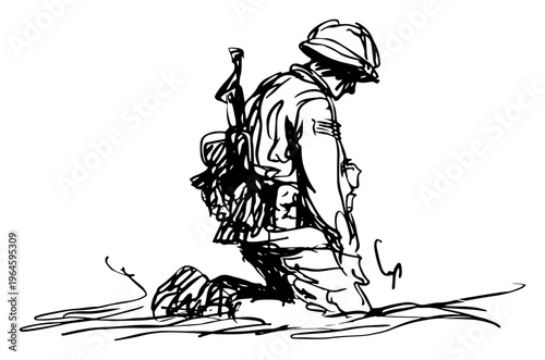 Soldier kneeling with gear in prayer or grief sketch style