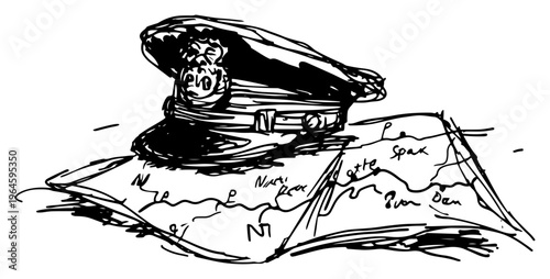 Military officer cap resting on top of unfolded map sketch style