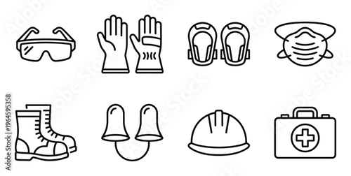 Personal protective equipment set for safety including helmet gloves boots and goggles outline icons