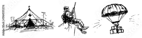 Military medical tent alongside rappelling soldier and parachute cargo drop sketch style