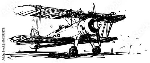 Vintage biplane military aircraft parked on ground sketch style