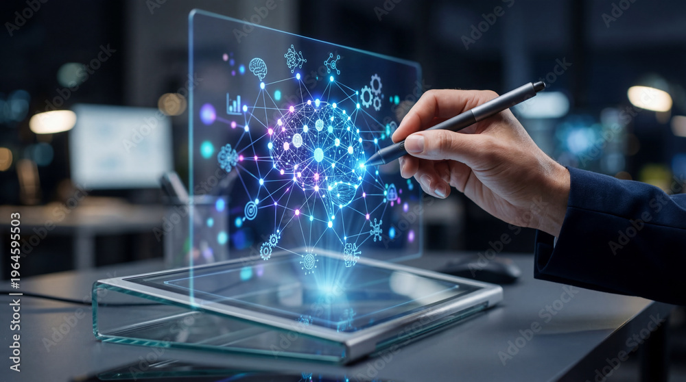 Fototapeta premium Futuristic holographic brain network visualization projected above tablet, hand with stylus interacting with neural connections and data nodes in modern office, innovative and focused