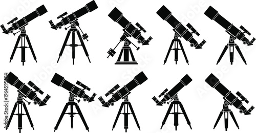 Astronomy Telescope Silhouette Vector Set with Tripod Mounted Optical Instruments for Stargazing Space Observation Science Education and Astrophotography Design