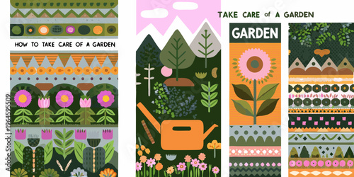Colorful garden themed illustrations arranged in a vertical repeating pattern