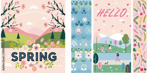 Floral spring themed bookmarks with mountains trees and people