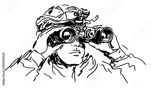 Soldier wearing tactical helmet looking through large binoculars black and white sketch