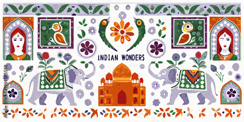 Indian wonders a colorful illustration with floral and animal motifs
