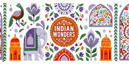 Colorful indian wonders pattern with peacocks elephants and architectural elements