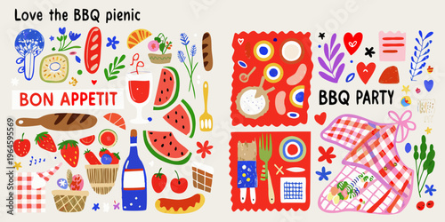 Colorful illustration depicting a cheerful barbecue picnic with various food items