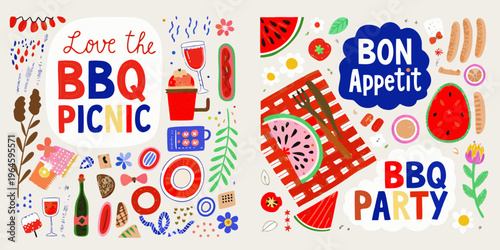 Festive illustration depicting a barbecue picnic and party with colorful food items