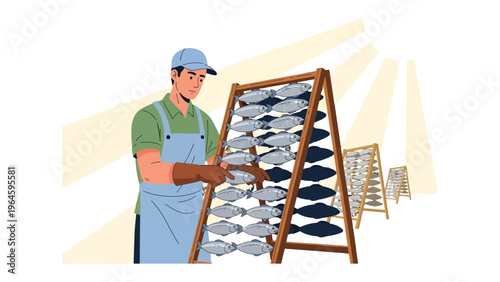 Preserving the Catch: A diligent fisherman expertly arranges fresh fish on wooden racks to dry under the warm sun, a time-honored practice ensuring a flavorful and long-lasting food supply.