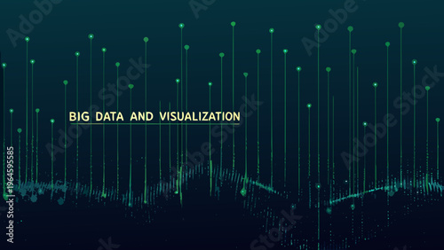 Abstract data visualization with glowing green lines and text overlay