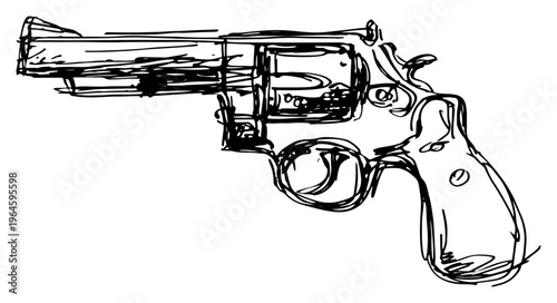 Revolver handgun pistol weapon isolated on white background in a hand drawn sketch style