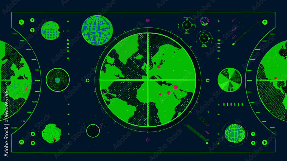 Obraz premium Futuristic radar screen displaying a world map and various data points