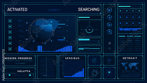 Futuristic interface displaying data analysis searching and system diagnostics