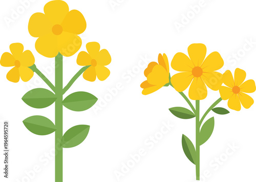 Fotografie Two stylized yellow flowers with green stems and leaves