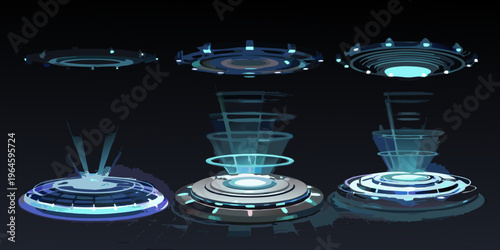 Exploded view of futuristic glowing blue circular technology components