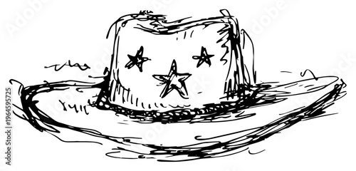 Cowboy hat with decorative stars on crown in hand drawn sketch style