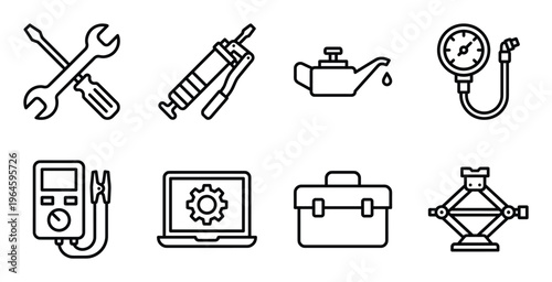 Professional car diagnostic and repair tools collection featuring electrical and mechanical equipment