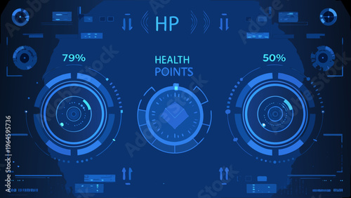 Futuristic interface displaying health points and robotic head schematic