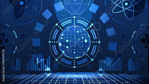 Futuristic digital background with a glowing earth and abstract data visualizations