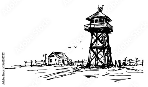 Military watchtower with guard house and barbed wire fence in barren landscape sketch style