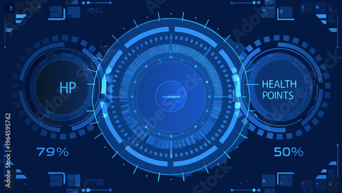 Futuristic interface displaying health points and percentage indicators
