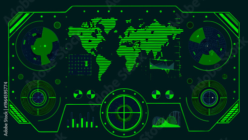 Futuristic interface displaying a world map and digital data visualizations