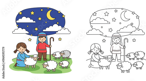 Cute Shepherd Boy and Girl Tending Sheep under Starry Night Sky, Christmas Nativity Theme Biblical Illustration and Coloring Book Page for Kids Activity