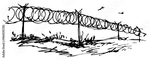 Barbed wire fence with razor wire coils across field in hand drawn sketch style