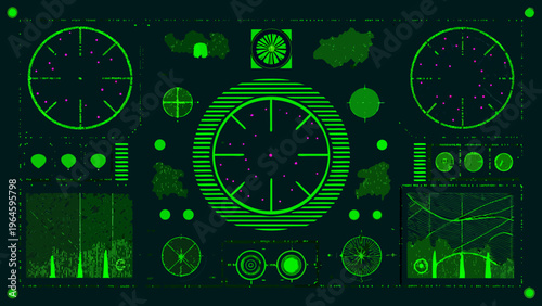 Futuristic radar display with green neon elements and complex graphical interfaces