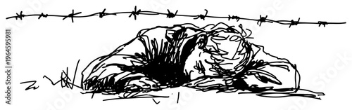 Person lying under barbed wire fence in grass sketch style