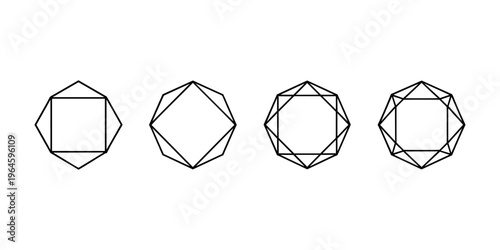 Black and white geometric shapes with increasing complexity black lines white background polygon
