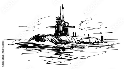 Submarine cruising on ocean surface in expressive ink sketch style