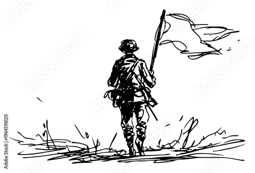 Soldier carrying flag and walking through battlefield in sketch style